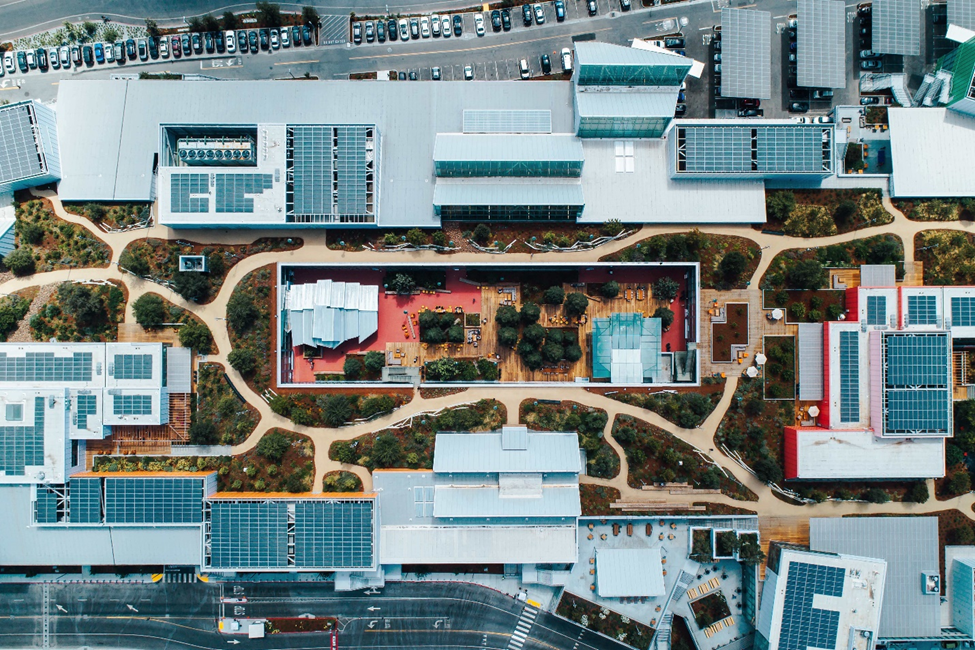 Aerial photo of Meta's green roof and campus